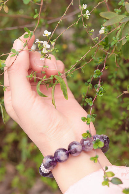 Amethyst Rabbit Hair Quartz Healing Crystal Bracelet | 13-14mm Smooth Gemstone for Good Fortune & Spiritual Flow