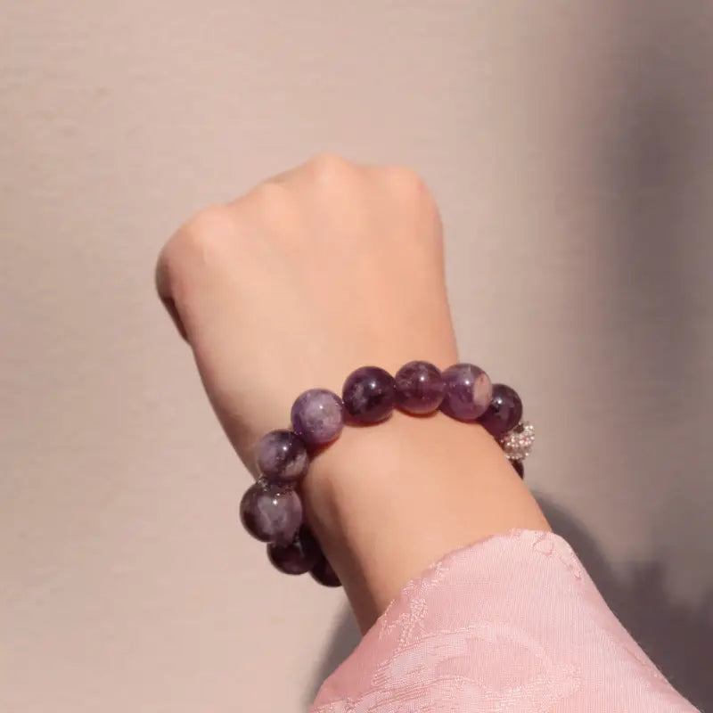 Amethyst Rabbit Hair Quartz Healing Crystal Bracelet | 13-14mm Smooth Gemstone for Good Fortune & Spiritual Flow